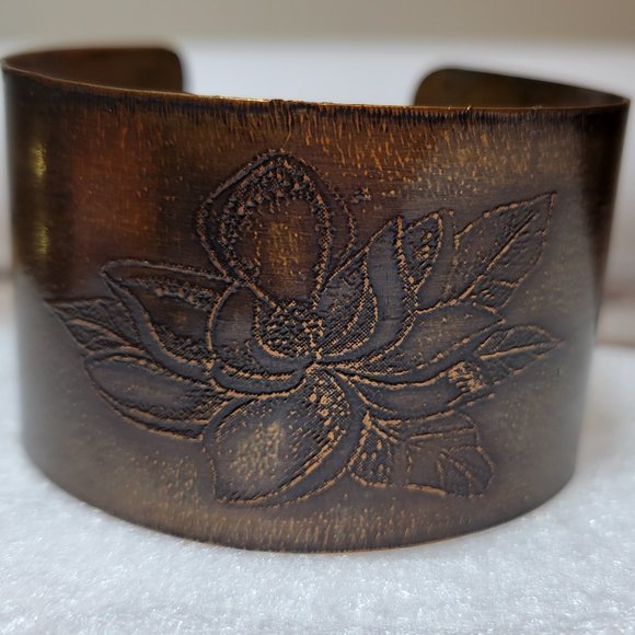Jewelry - Artist Made Solid Copper Lotus Flower Floral Wide Glamorous Cuff Bracelet